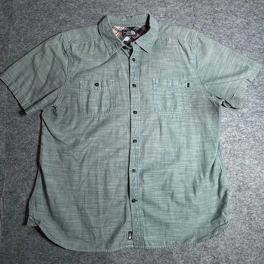 The North Face Button Up Men XL Short Sleeve Cotton Green Slub Texture Shirt